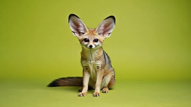 Cute fennec fox sitting alert on vibrant green background, studio portrait with soft lighting