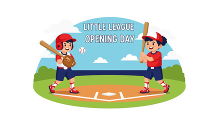 Naklejka premium Cartoon Baseball Players on Opening Day Field. Vector Illustrations. EPS Editable