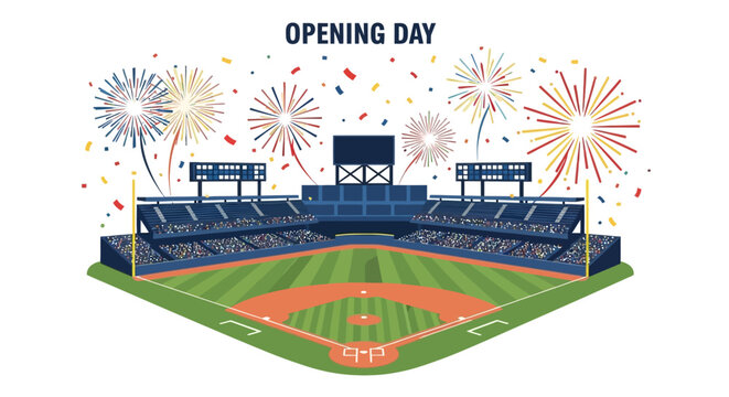 Baseball stadium opening day celebration with fireworks and confetti. Vector Illustrations. EPS Editable