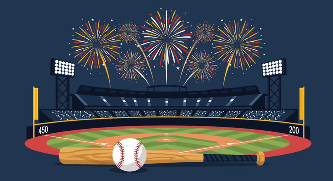 Baseball stadium with fireworks and equipment. Vector Illustrations. EPS Editable