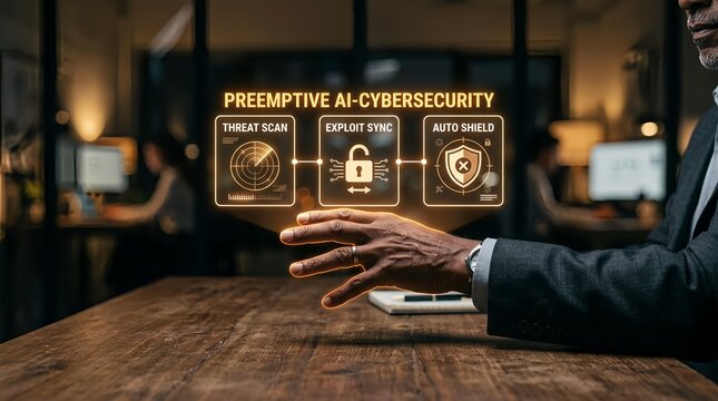 Businessman interacting with preemptive AI-cybersecurity interface on a digital screen displaying threat scan, exploit sync, and auto shield features in an office setting with coworkers.