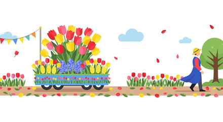 Obraz premium Person Walking with Colorful Flower Cart. Vector Illustrations. EPS Editable