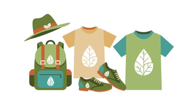 Outdoor gear set with backpack hat tshirt and hiking shoes. Vector Illustrations. EPS Editable