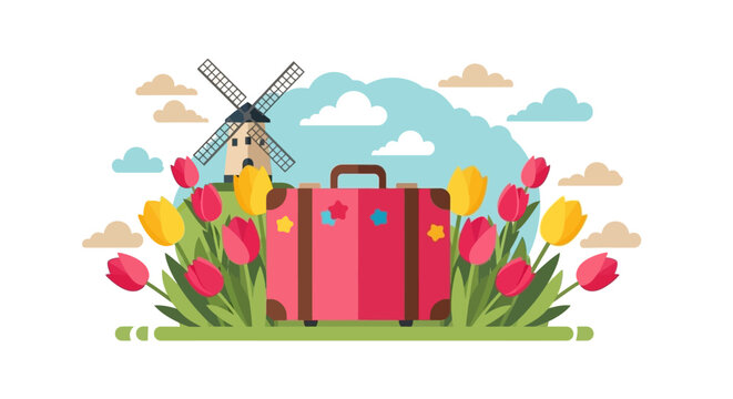Pink Suitcase Surrounded by Flowers Center Stage. Vector Illustrations. EPS Editable
