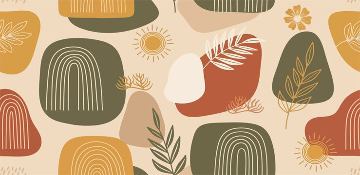 Boho Organic Shapes Seamless Pattern, Modern Abstract Arch Sun Symbols Decorative Surface Design