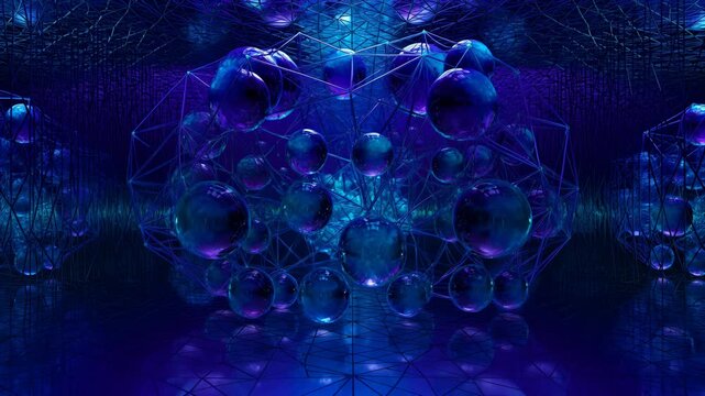 Abstract Geometric Structure With Spheres in Blue and Purple Tones, Futuristic Digital Art