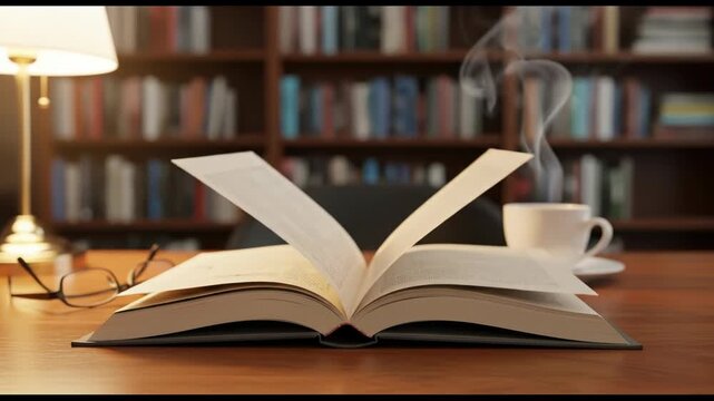 A serene study scene with an open book on a wooden desk, surrounded by glasses, a lamp, a steaming cup, and bookshelves