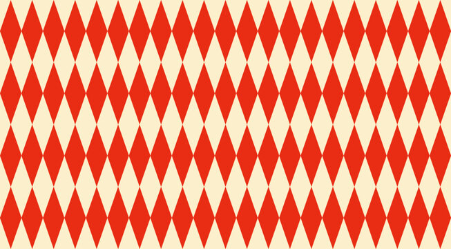 Classic harlequin pattern with red and white diamond shapes creates a timeless circus inspired background. Seamless geometric texture perfect for vintage carnival designs and festive prints.