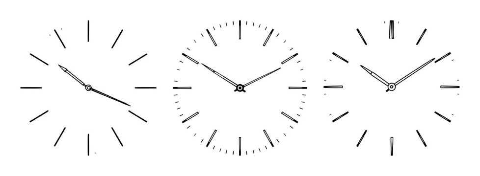 Clock face set with clean white background and vector clock hands featuring timepiece, gauge, horology with illustration and design