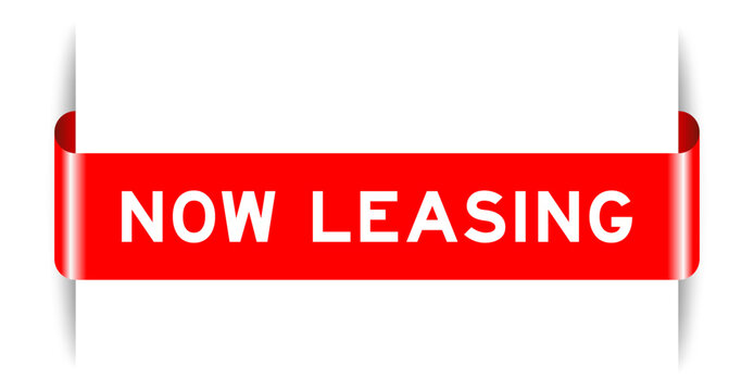 Red color inserted label banner with word now leasing on white background