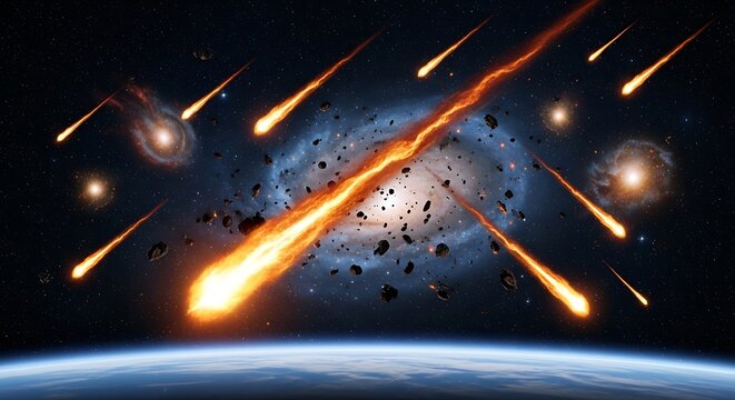 A spectacular meteor shower streaks across the night sky with vibrant orange meteors exploding into the atmosphere as debris and asteroids collide in the vastness of space from an outer viewpoint.