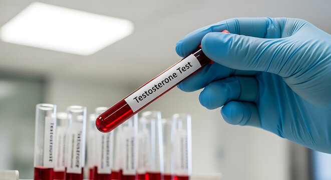Medical professional's gloved hand holds a blood sample tube for a testosterone level test analysis