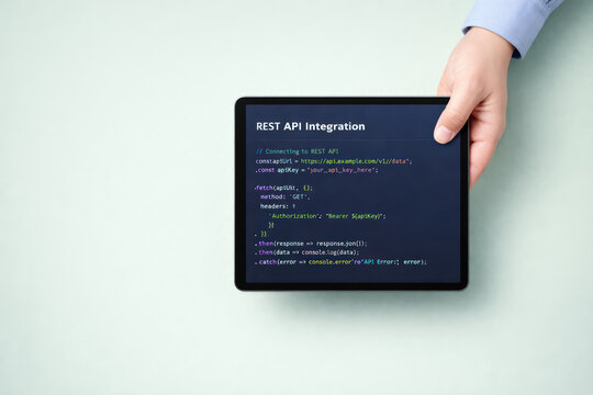 REST API integration code displayed on tablet held by person, showing JavaScript fetch method for connecting to API with authorization and error handling, technology concept