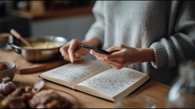 Close-up of woman using smartphone while referencing handwritten recipe book in cozy kitchen with ingredients and mixing bowl