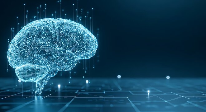 A futuristic digital illustration depicts a glowing blue brain made of tiny particles floating above a grid floor with scattered lights in a dark room.