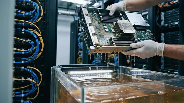 Data center liquid immersion cooling technology reduces energy consumption as technician carefully lowers powerful server hardware and electronic components into transparent dielectric fluid tank