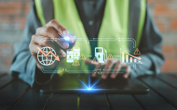 Industrial worker analyzing global oil and fuel shortage warnings, Supply chain disruption and energy crisis management, forecasting strategy, negative trend, economic downturn, logistics failure