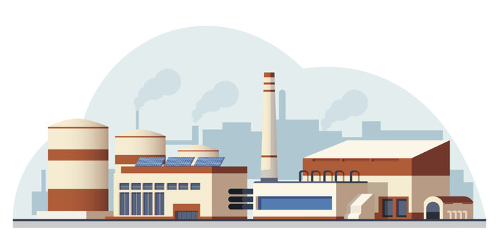 Factory buildings with smokestacks in flat style on light backdrop, concept of industry and production. Vector illustration