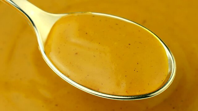 Yellow curry sauce in the spoon with background circle rotation close up