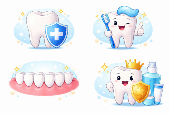 Healthy tooth with shield, happy tooth holding toothbrush, clean teeth on gums, tooth with crown and dental care products, dental hygiene concept