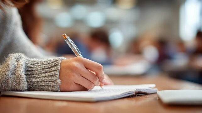 Cozy classroom note taking, student hand writing with pen in notebook, warm candid education study scene isolated PNG with Transparent Background