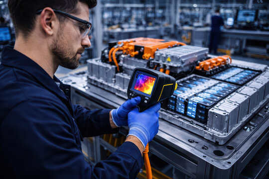 Thermal camera engineer factory battery pack technology inspection industrial electronics energy technician manufacturing electric power device equipment production worker safety gloves close up