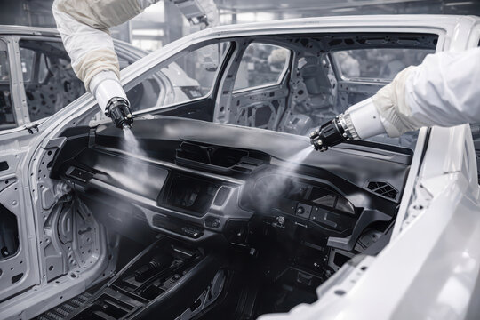 Car interior dashboard spray painting robotic arm manufacturing assembly line automation factory industrial technology vehicle production machine paint coating automotive modern equipment process