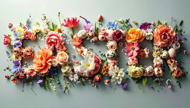 Beautiful Easter floral arrangement spelling out the word Easter in vibrant spring colors on a soft blue background