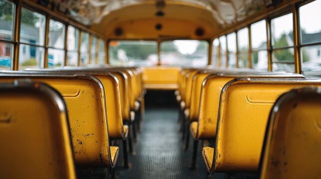 Vintage school bus interior with yellow seats, classic public transport aisle view, nostalgic commuter vehicle seating isolated PNG with Transparent Background