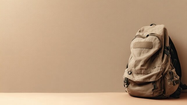 Minimalist beige backpack on floor, neutral canvas travel bag with pockets and straps, everyday carry luggage concept isolated PNG with Transparent Background