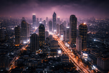 Fototapeta premium Aerial view of vibrant city skyline night, showcasing tall skyscrapers illuminated by city lights. urban landscape features busy streets and bustling atmosphere, creating sense of energy