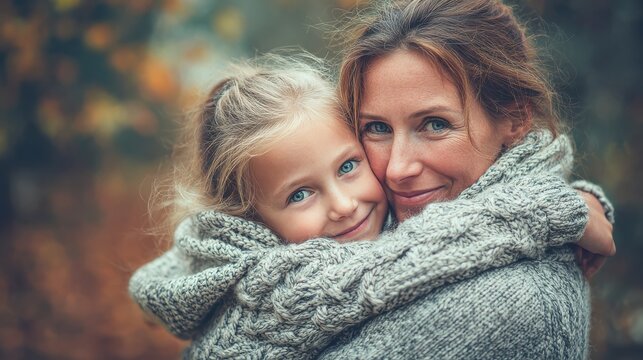 Cozy family portrait, mother and daughter hugging in chunky knit sweaters, warm autumn lifestyle photography isolated PNG with Transparent Background