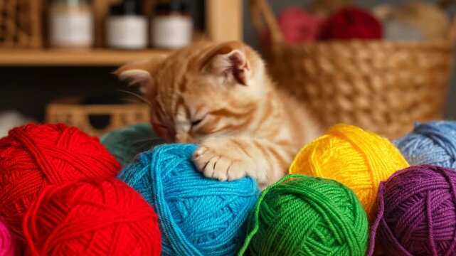 Sleeping ginger kitten rests peacefully among colorful yarn balls, creating a cozy and soft scene