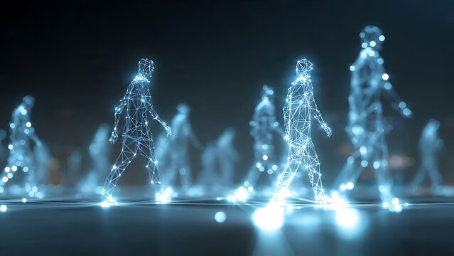 Global network of abstract digital people walking, symbolizing data connections, technological advancement, and the future of human interaction in a modern world