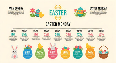 Easter Monday statistics infographic with colorful eggs and bunny