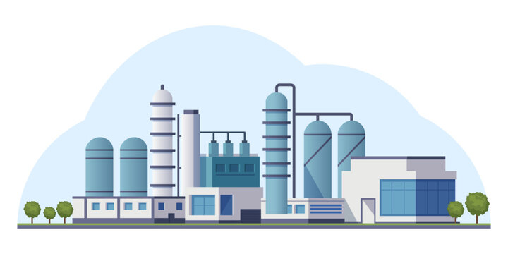 Industrial factory with tanks in flat style on light sky background representing modern production concept. Vector illustration