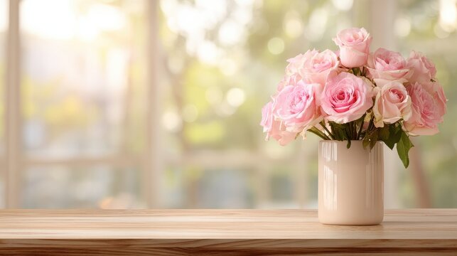 Romantic pink rose bouquet in white ceramic vase, soft sunlight bokeh, elegant floral decor for weddings and home isolated PNG with Transparent Background