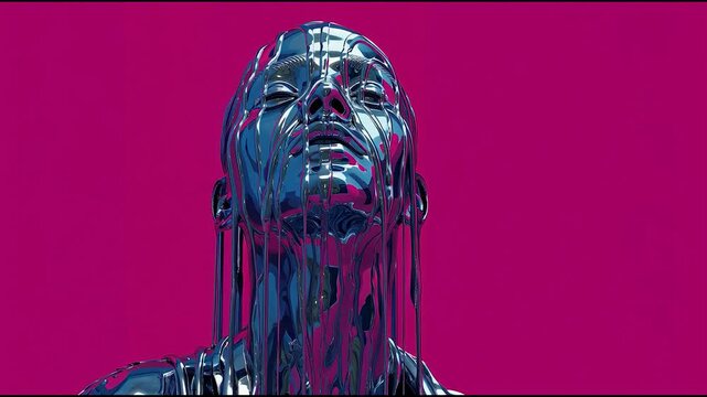 Surreal close-up of metallic chrome woman dripping with liquid metal on magenta background, futuristic concept