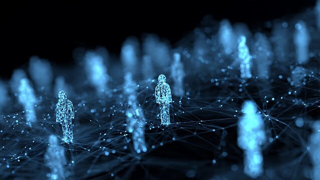Abstract human figures in a glowing blue network, depicting worldwide digital communication, social data, and future technological landscapes