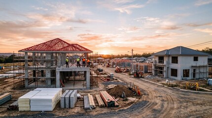 Fototapeta premium New residential housing construction site with multiple homes being built in a suburban development at golden hour during sunset showing progress from frames to near completion.