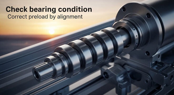 Close-up of a tapered roller bearing assembly on a machine shaft, illustrating preload adjustment.