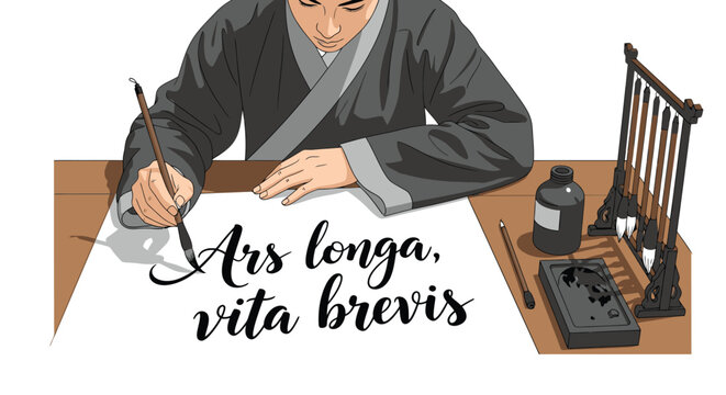 Man Writing with Quill on Paper.