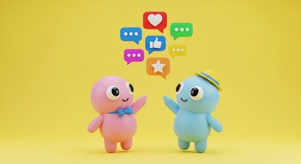 Fototapeta premium Two cartoon characters interact with social media icons floating between them on a bright yellow background with communication and technology.