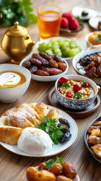 Traditional Arabic style breakfast featuring dates, pastries, tea and various delicacies on wooden table