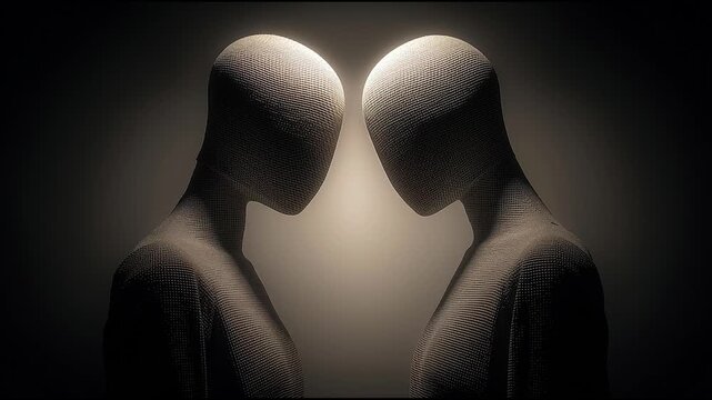 Abstract image of two faceless humanoid figures facing each other in dramatic lighting, textured surface concept
