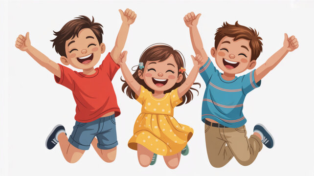 Three happy diverse children jumping with joy celebrating success and freedom isolated on a white background for graphic design