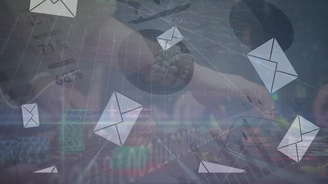 Animation of emails, graphs and financial data over hands of people playing poker