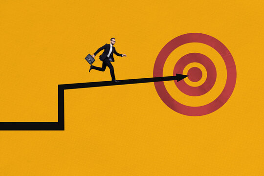 Composite image montage trend 3D collage of young businessman run arrow point career promotion charts graphics business trader success
