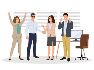 Obraz premium Office coworkers celebrating handshake in flat style on white background symbolizing teamwork and success. Vector illustration