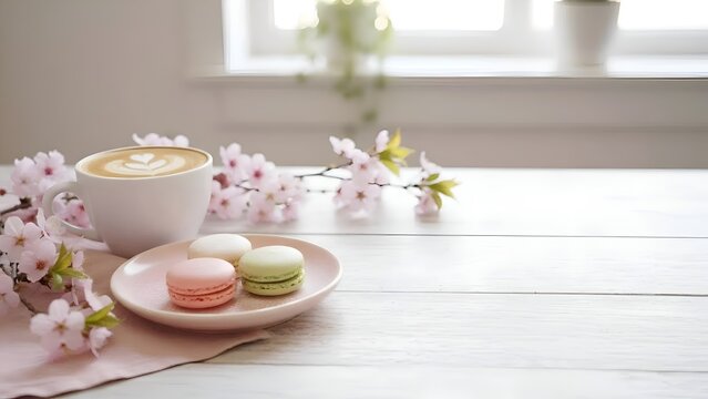 A coffee with latte art, colorful macarons, and cherry blossoms are placed on a wooden table.